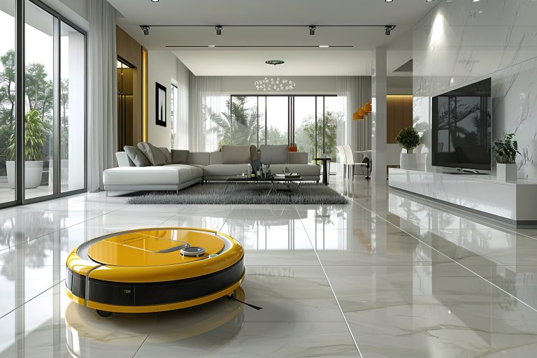 yellow color. Clean imagen. A realistic, advertising photograph set in a sophisticated, elegant, and clean modern living room, predominantly white, where an autonomous, circular, flat, and very modern vacuum cleaner is in operation. The vacuum cleaner features neon accents. The room is immaculate. A technologically advanced vacuum --ar 3:2 --style raw --stylize 500 --v 6 Job ID: 5f594c55-72e0-45b9-9eb4-c162d8f5f89f